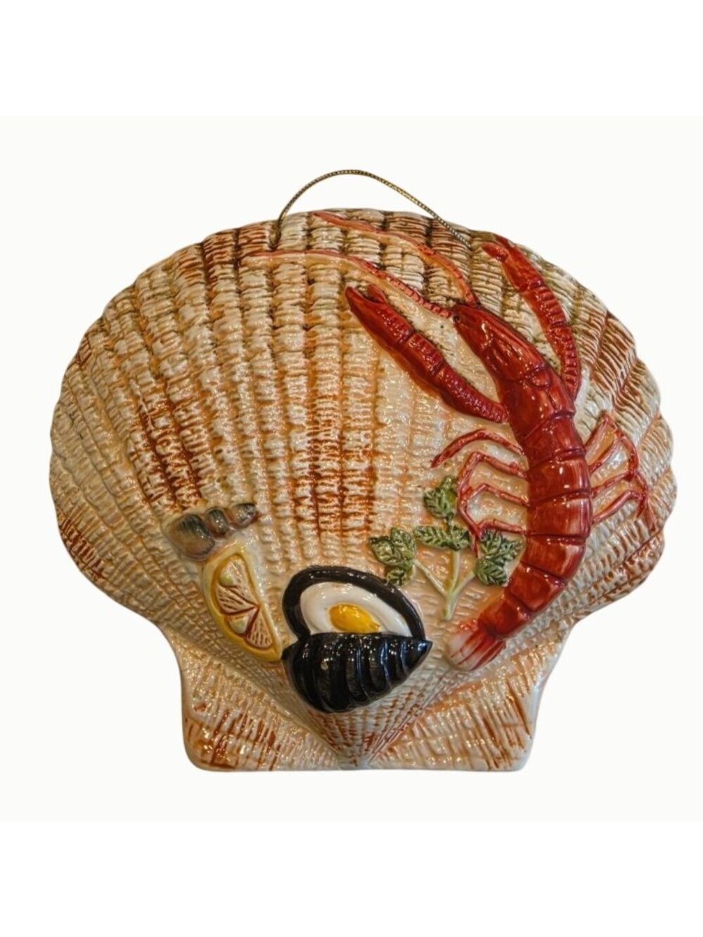 Vintage Porcelain Seashell Lobster Wall Plaque Coastal Kitchen Decor 7.75"